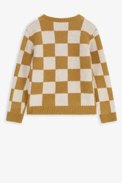 Bruin gebreide jacquard trui met geblokt patroon