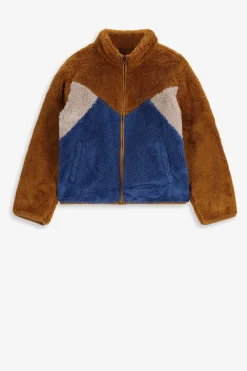 Bruine faux fur jas met colourblock