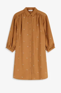 Bruine jurk met pofmouwen en embroidery