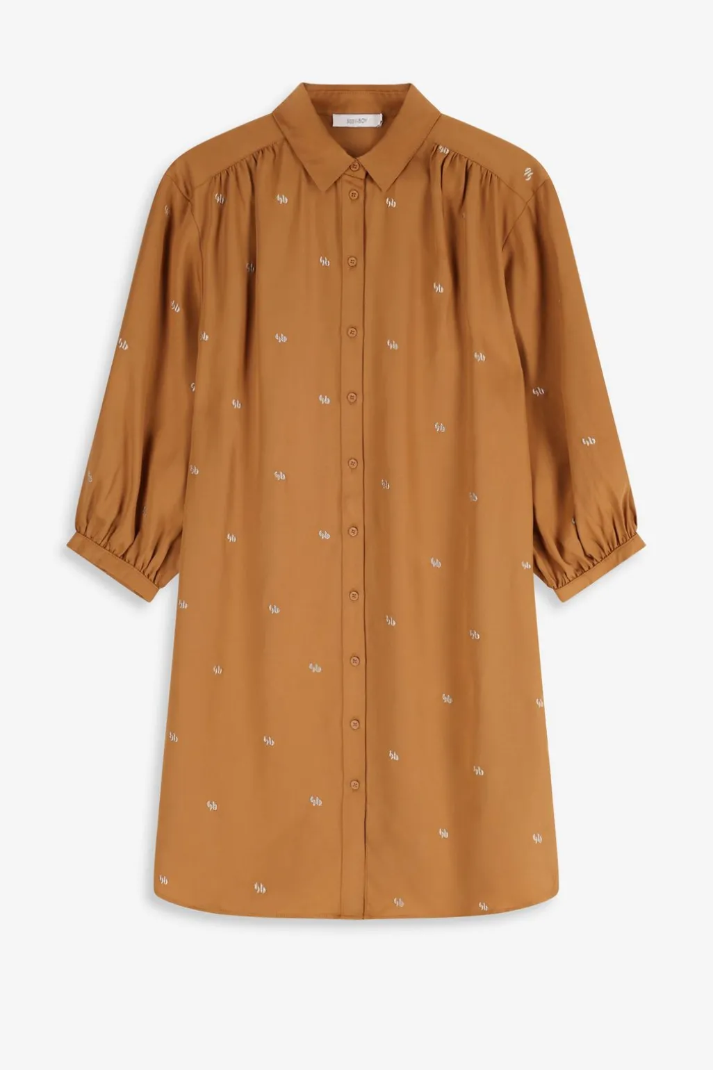 Bruine jurk met pofmouwen en embroidery