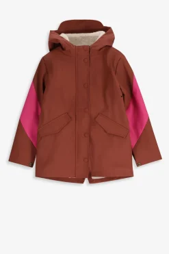 Bruine lange regenjas met colorblock