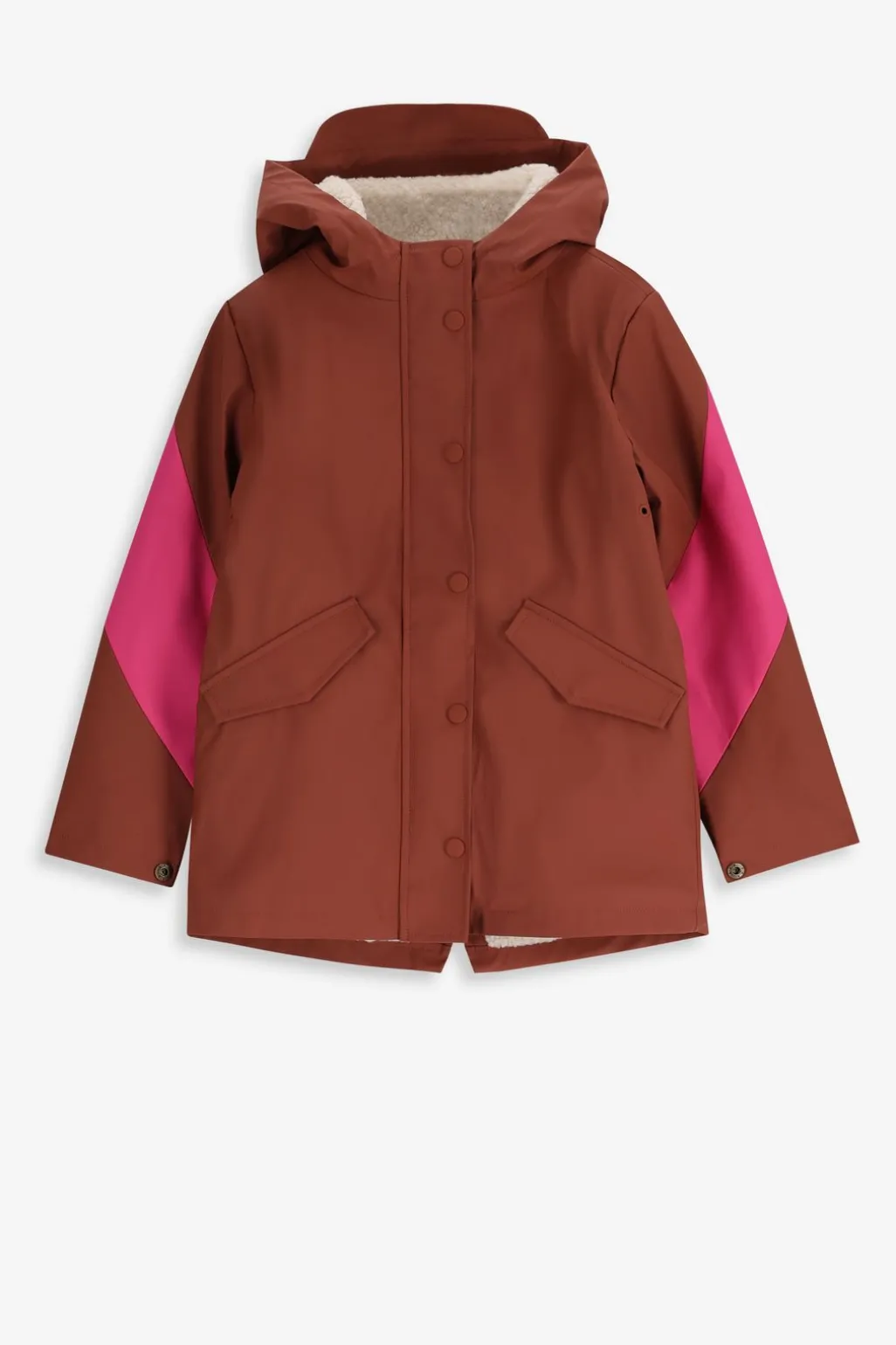 Bruine lange regenjas met colorblock