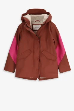 Bruine lange regenjas met colorblock