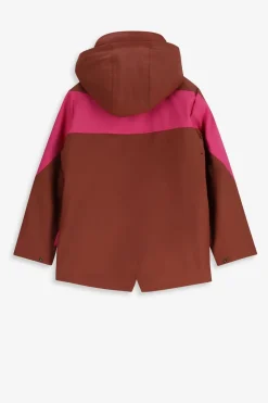 Bruine lange regenjas met colorblock