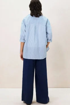Donkerblauwe high waist pantalon met embroidery