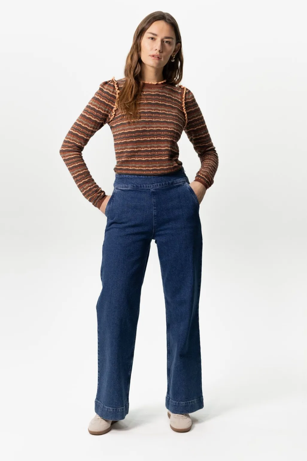 Donkerblauwe high waist wide leg jeans met rits