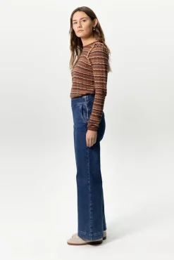 Donkerblauwe high waist wide leg jeans met rits