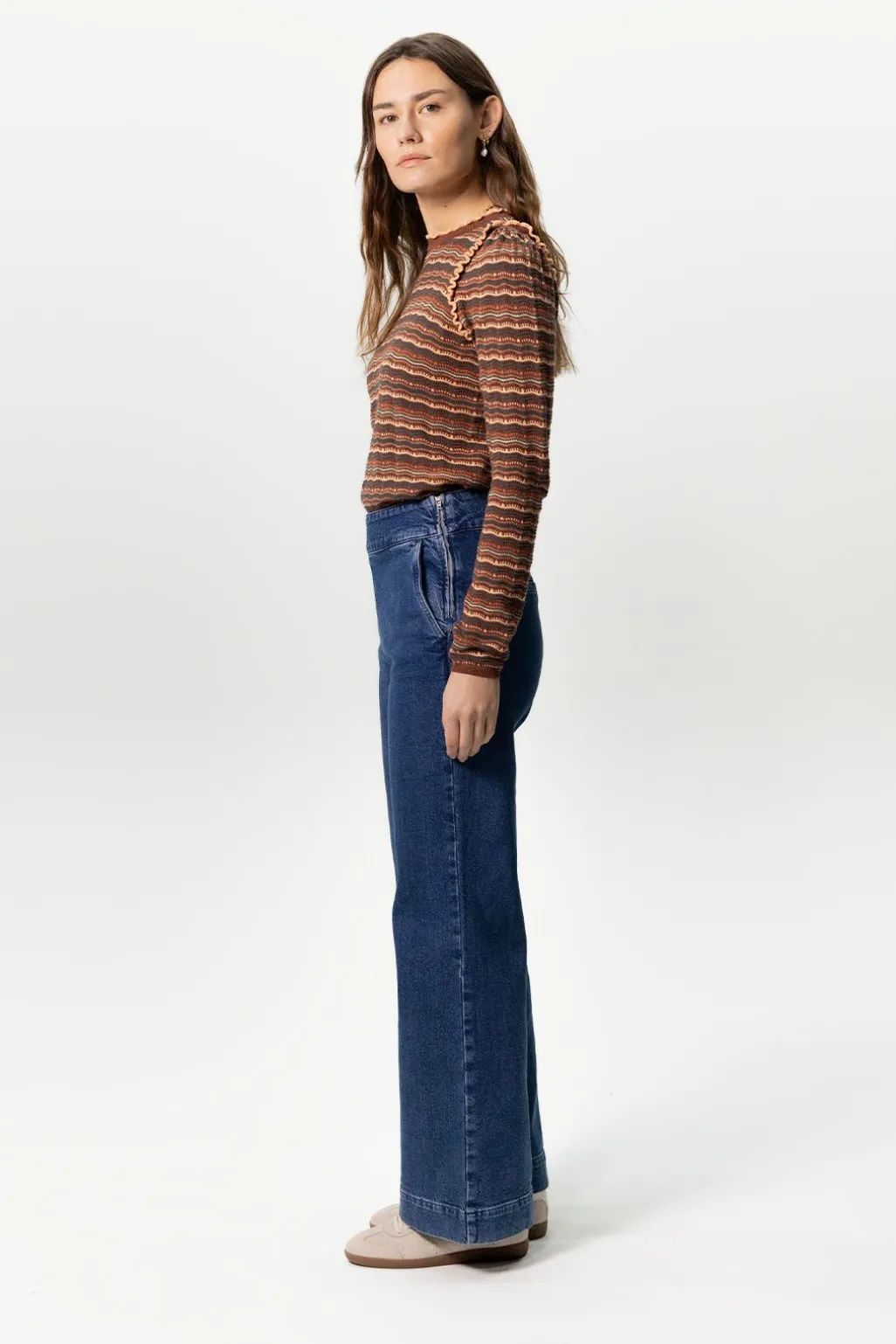 Donkerblauwe high waist wide leg jeans met rits