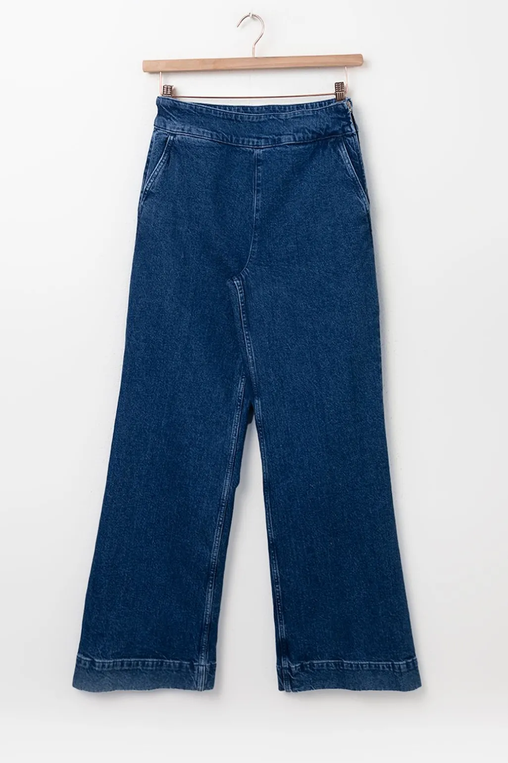 Donkerblauwe high waist wide leg jeans met rits