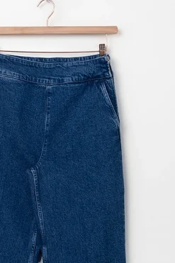 Donkerblauwe high waist wide leg jeans met rits