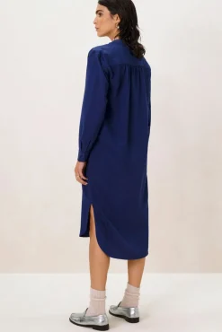 Donkerblauwe midi jurk met V-hals