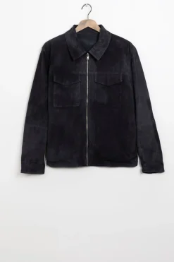 Donkerblauwe suède jas reversible