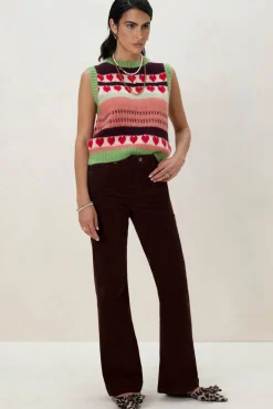 Donkerbruine mid waist flared corduroy broek