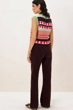 Donkerbruine mid waist flared corduroy broek