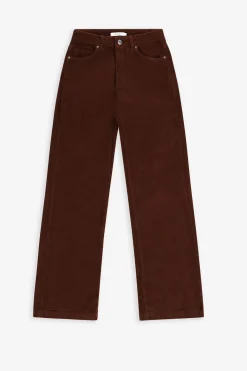Donkerbruine mid waist flared corduroy broek