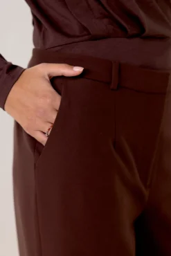 Donkerbruine mid waist wide leg pantalon