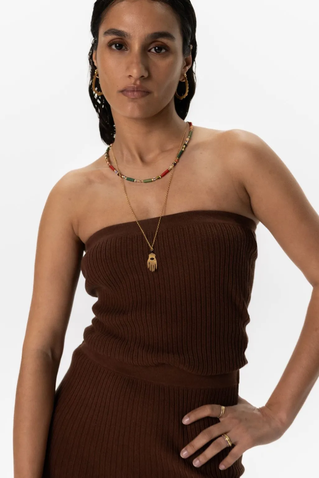 Donkerbruine strapless gebreide top