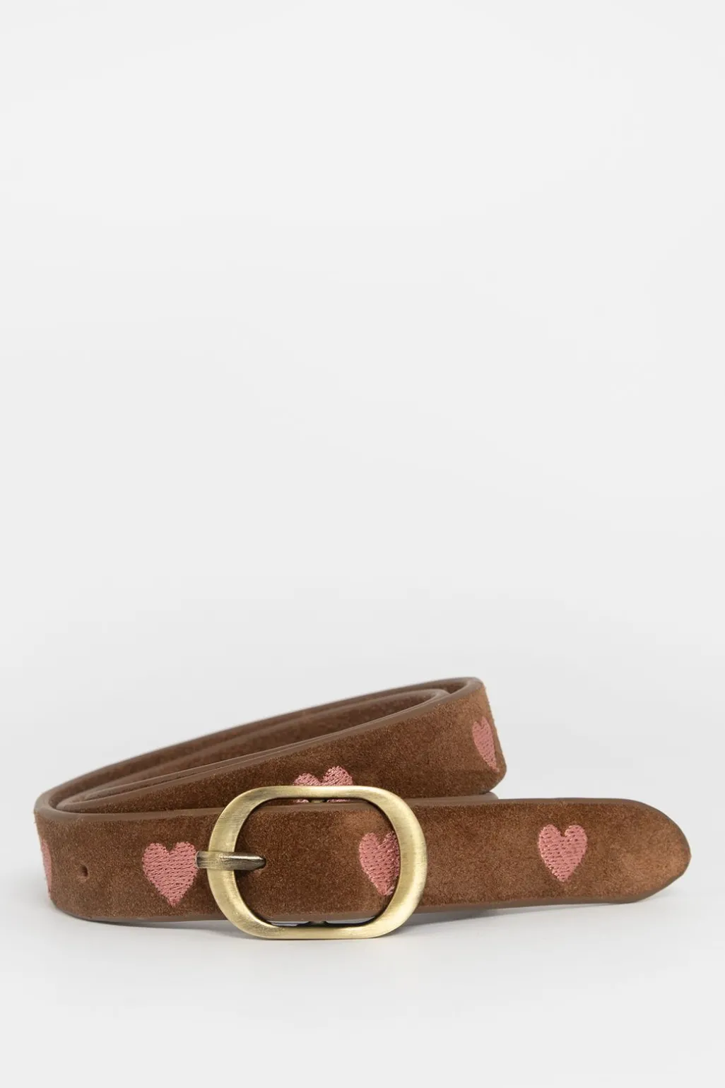 Donkerbruine suède riem met roze hartjes embroidery