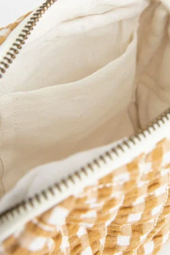 Donkergele geblokte toilettas