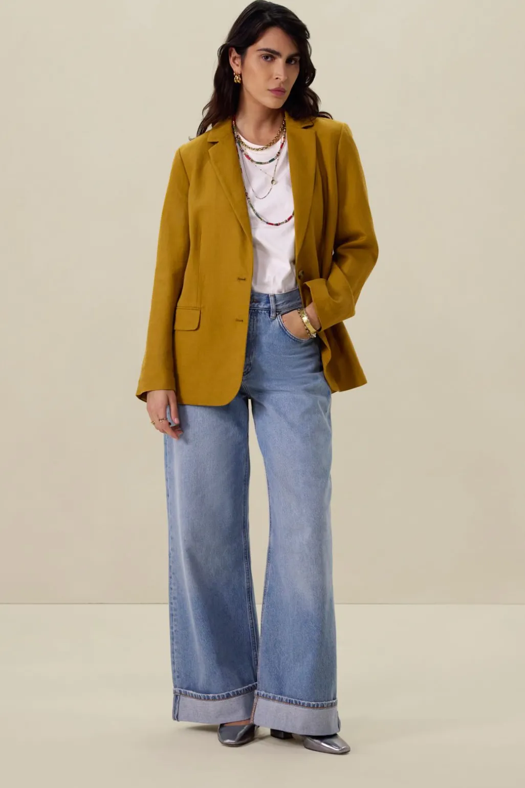 Donkergele linnen oversized blazer