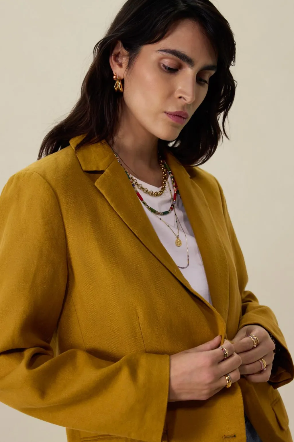 Donkergele linnen oversized blazer