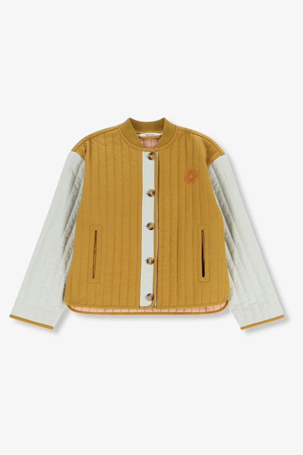 Donkergele quilted jas met embroidery