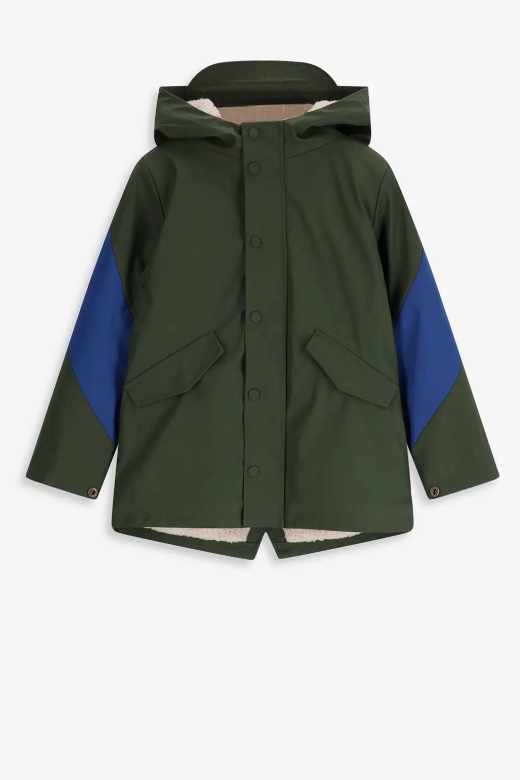 Donkergroene lange regenjas met colourblock