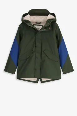 Donkergroene lange regenjas met colourblock