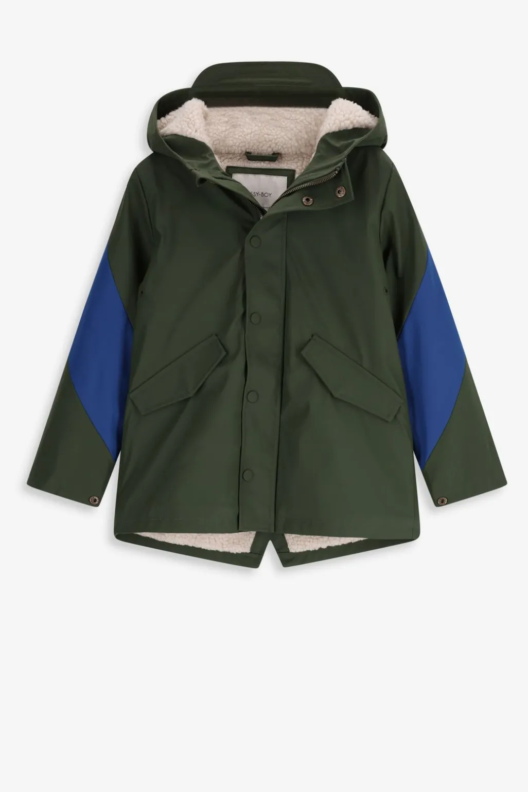 Donkergroene lange regenjas met colourblock