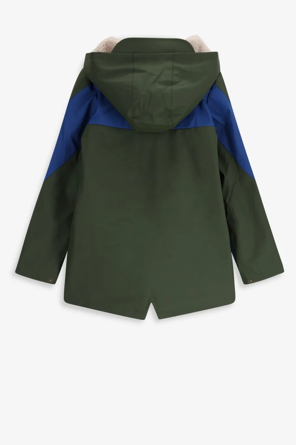 Donkergroene lange regenjas met colourblock