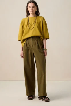 Donkergroene mid waist poplin broek