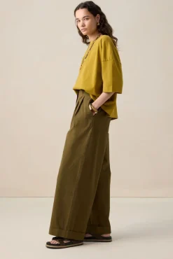 Donkergroene mid waist poplin broek