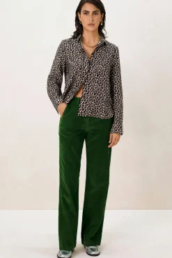 Donkergroene mid waist wide leg corduroy broek