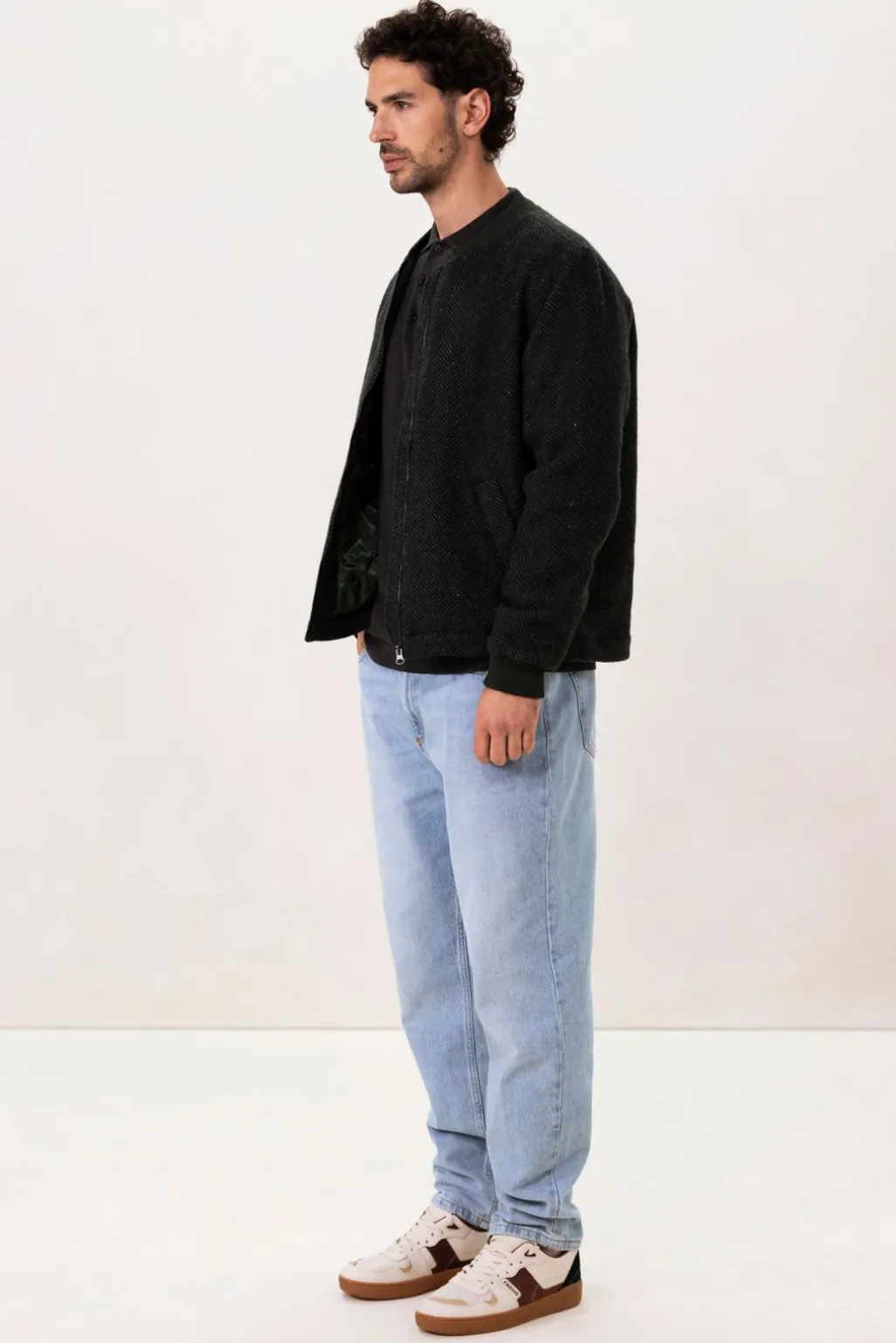 Donkergroene wollen jas met herringbone