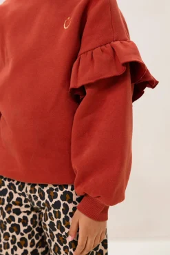 Donkeroranje oversized sweater met ruffles en smiley patch