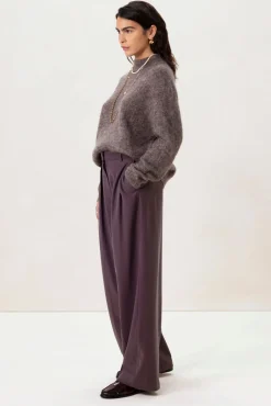 Donkerpaarse high waist wide leg broek