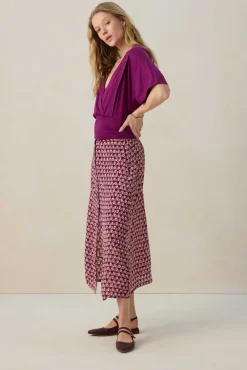 Donkerpaarse midi rok met print