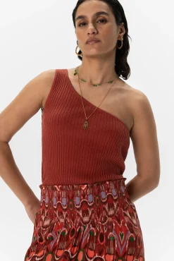 Donkerrode gebreide one shoulder top