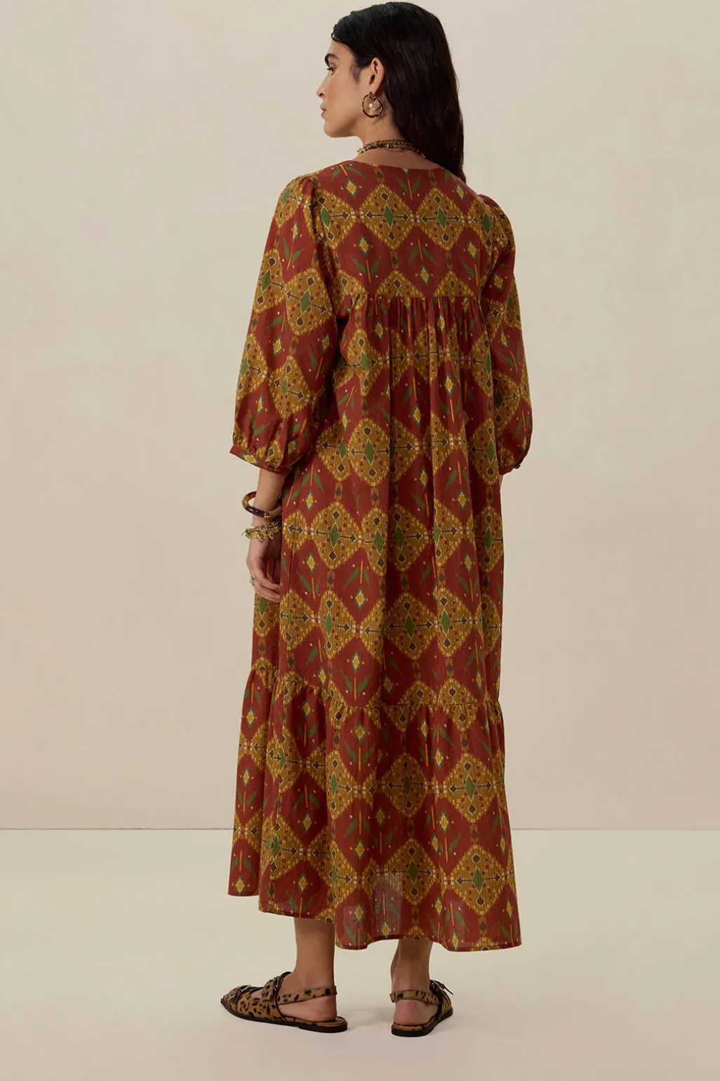 Donkerrode maxi jurk met ikat dessin