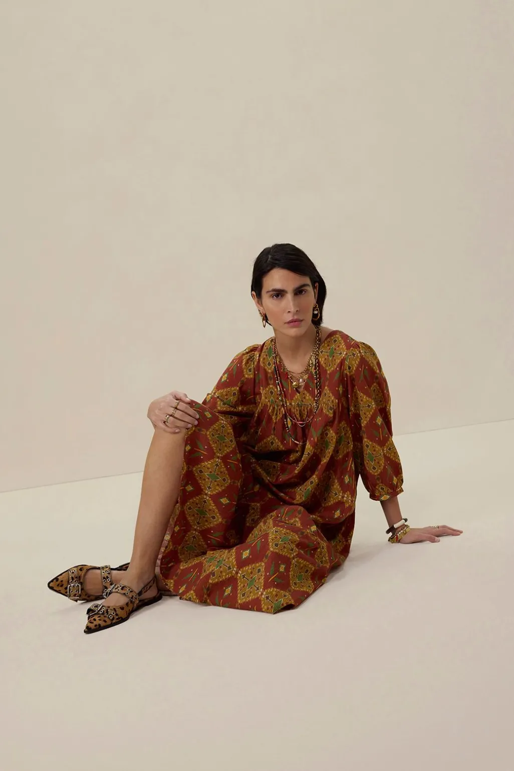 Donkerrode maxi jurk met ikat dessin