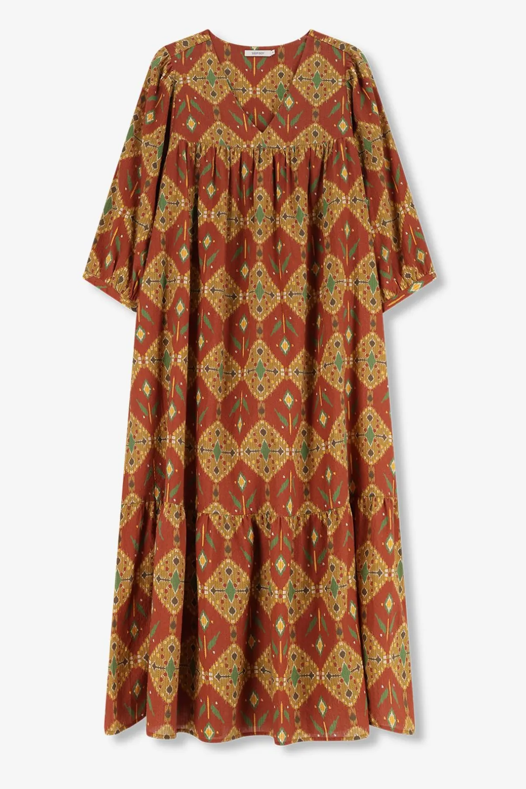 Donkerrode maxi jurk met ikat dessin