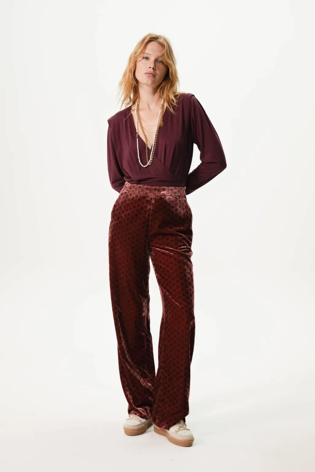 Donkerroze velvet broek met print
