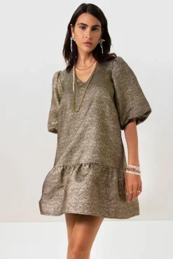 Gouden metallic jurk met ruffles
