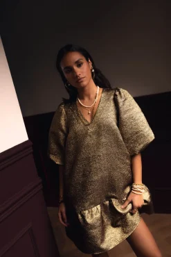 Gouden metallic jurk met ruffles