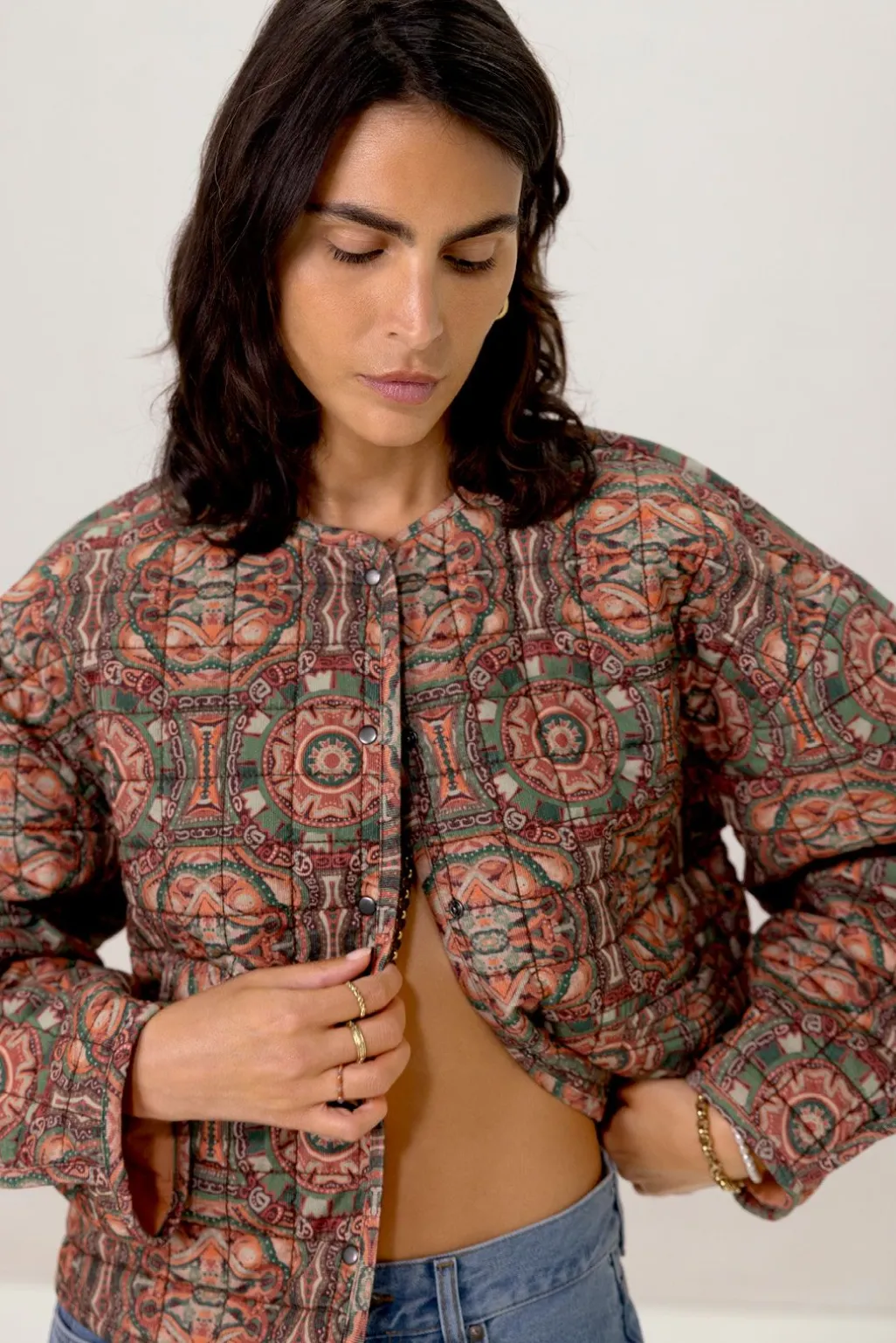 Groene oversized bomber jas met mozaïek print