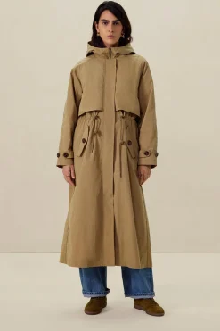 Khaki trenchcoat met capuchon