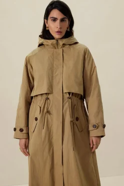 Khaki trenchcoat met capuchon