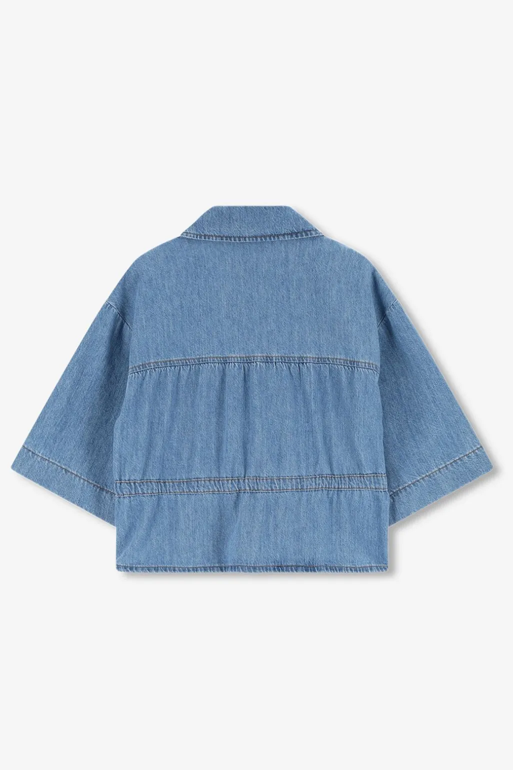 Lichtblauw denim jasje met striksluiting