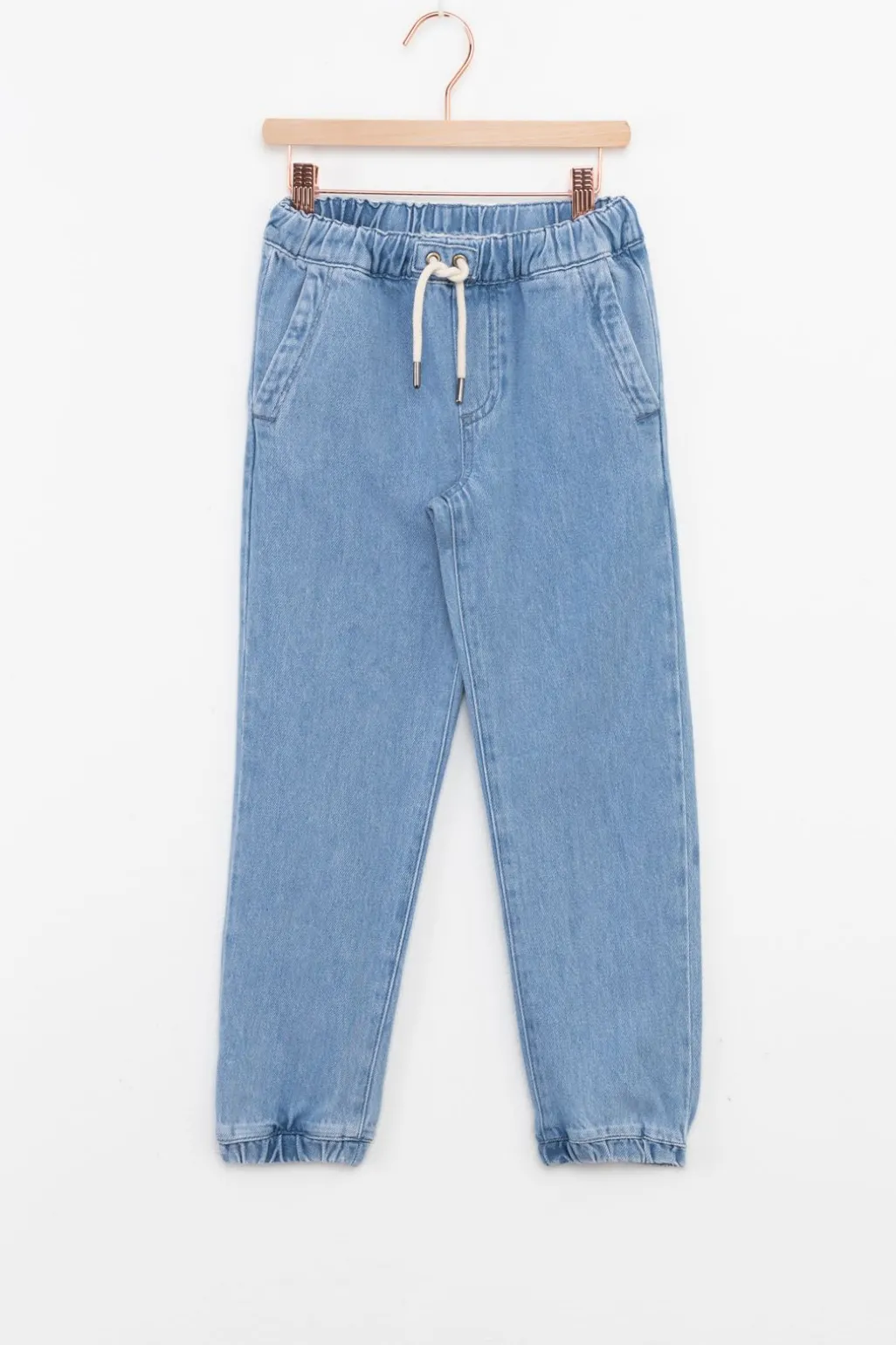 Lichtblauwe denim pull on broek met aantrekkoorden