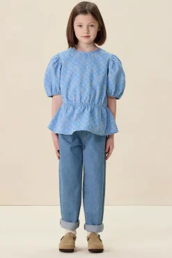 Lichtblauwe denim top met print